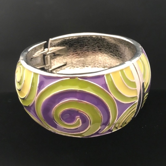 Designer Statement Bracelet Green Purple Enamel - Picture 2 of 7